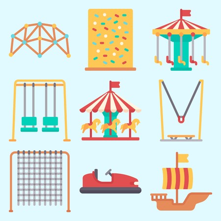 Icons set about Amusement Park with swings, sailing boat, carousel, climbing, bumber car and horse carouselのイラスト素材