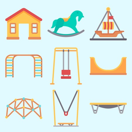 Icons set about Amusement Park with game zone, swing , carousel, pirate ship ride , skater and climbingのイラスト素材