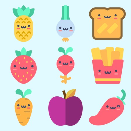 Icons set about Food with radish, apple, chili pepper, scallion, strawberry and friesのイラスト素材