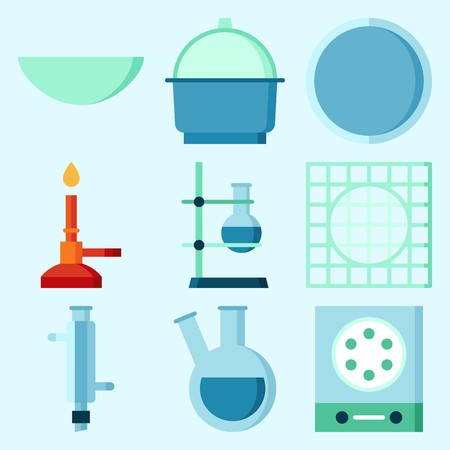 Icons set about Laboratory with measuring, lab, watch glass, crucible, condenser and flaskのイラスト素材