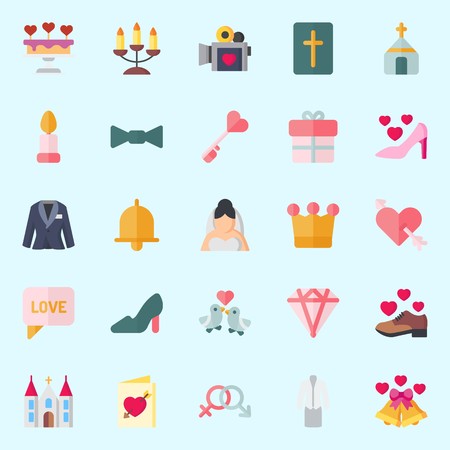 Icons set about Wedding with wedding cake, high heels, key, bow, bride and shoeのイラスト素材