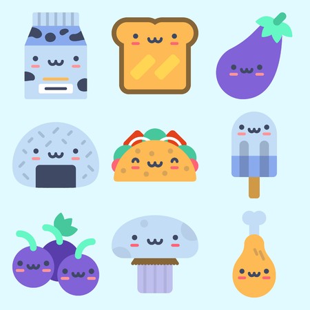 Icons set about Food with onigiri, chicken leg, taco, mushroom and toastのイラスト素材