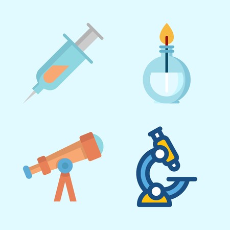 Icons about Science with microscope, burner, syringe and telescopeのイラスト素材