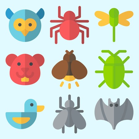 Icons set about Animals with duck, hamster, owl, dragonfly, spider and batのイラスト素材