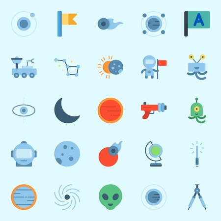 Icons set about Universe with compass, earth glope, lightsaber, constellation, moonrover and orbitのイラスト素材