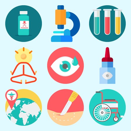 Icons set about Medical with wheelchair, eye drob, visibility, worldwide, test tubes and microscopeのイラスト素材