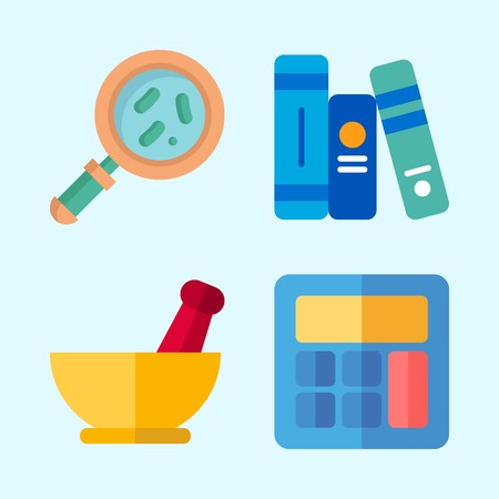 Icons about Science with books, calculator, loupe, book and mortarのイラスト素材