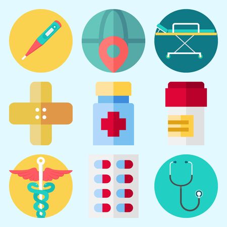 Icons set about Medical with medicine, stethoscope, stretcher, worldwide, pharmacy and pillのイラスト素材
