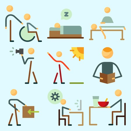 Icons set about Human with massage, programmer, relaxing, sleeping, photographer and readerのイラスト素材