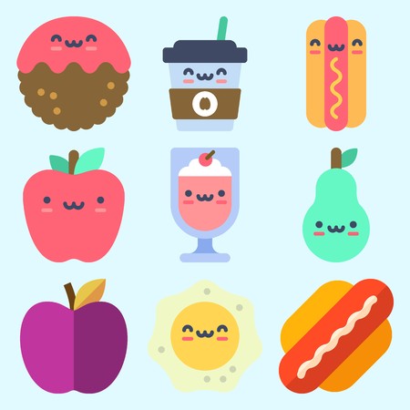 Icons set about Food with fried egg, hot dog, pear, coffee cup, milkshake and meatballのイラスト素材