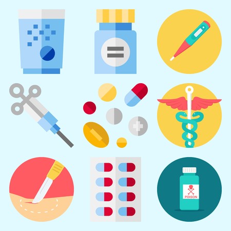 Icons set about Medical with pills, pharmacy, medicine, pill, thermometer and tabletsのイラスト素材