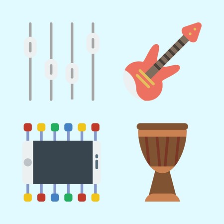 Icons set about Music with smartphone, electric guitar, levels and drumのイラスト素材