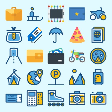 Icons set about Travel with sleigh, smartphone, pyramids, suitcase, parking and motorbikeのイラスト素材
