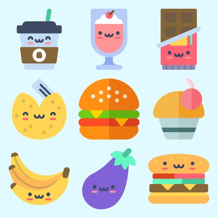 Icons set about Food with milkshake, bananas, fortune cookie, coffee cup, eggplant and cupcakeのイラスト素材