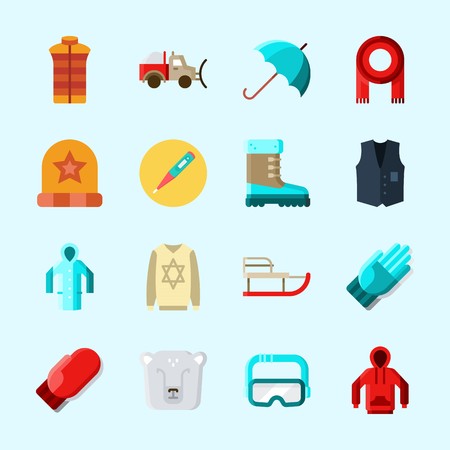Icons about Winter with sweater, sleigh, thermometer, scarf, mitten and umbrellaのイラスト素材
