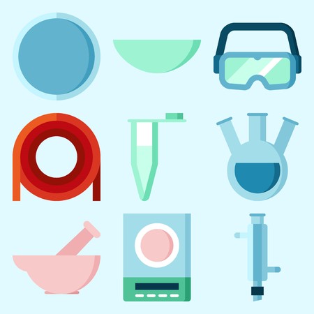 Icons set about Laboratory with lab, condenser, measuring, dropping liquid, secure glasses and watch glassのイラスト素材