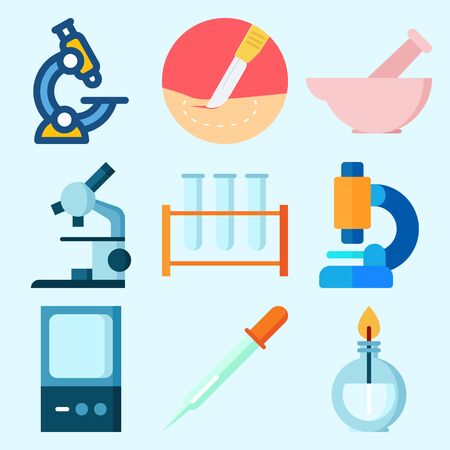 Icons set about Laboratory with lab, surgery, test tubes, burner, microscope and dropperのイラスト素材