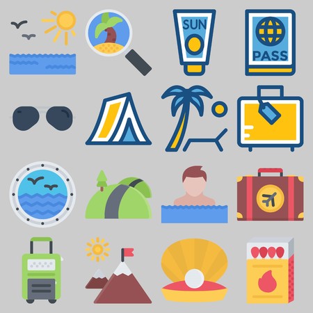 Icon set about Beach And Camping with keywords sun cream, suitcase, pearl, window, road and sunbedのイラスト素材