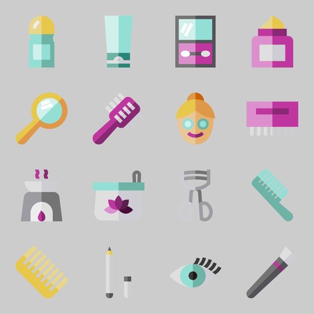 Icons set about Beauty with brush, eye shadow, deodorant, cosmetics, eyelash and aromatherapyのイラスト素材
