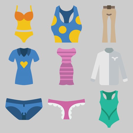 Icon set about Women Clothes with keywords tank top, shirt, panties, dress, swimsuit and trousersのイラスト素材