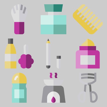 Icon set about beauty comb, make up brush, cream conatiner and eye brow pencil.のイラスト素材