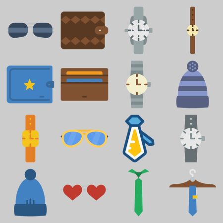 Icon set about men accessories with sunglasses, tie, watch, wallet and winter hat.のイラスト素材