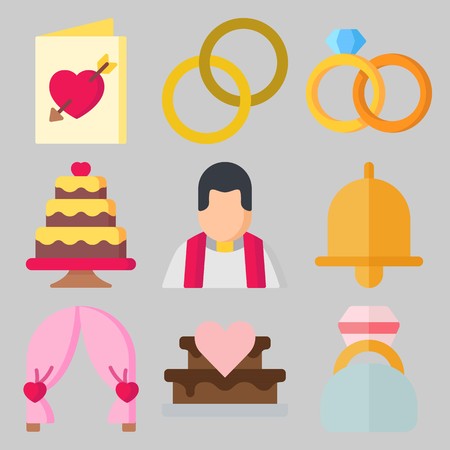 Icon set about Wedding with keywords engagement ring, wedding rings, bow, wedding invitation, wedding cake and priestのイラスト素材