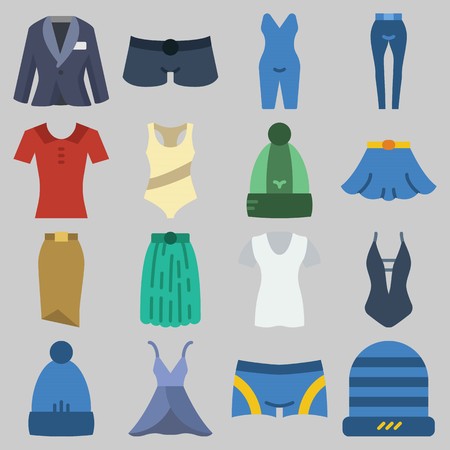 Icon set about Women Clothes with keywords dress, pants, swimsuit, shorts, suit and skirtのイラスト素材
