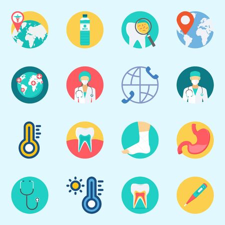 Icon set about medical with stethoscope, surgeon, worldwide, sprain, tooth and thermometer.のイラスト素材