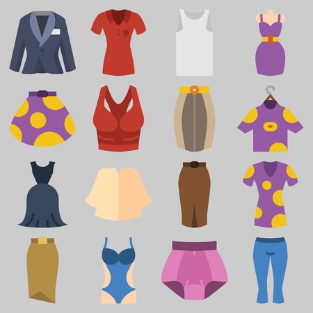 Icon set about Women Clothes with keywords panties, swimsuit, sleeveless, suit, dress and skirtのイラスト素材