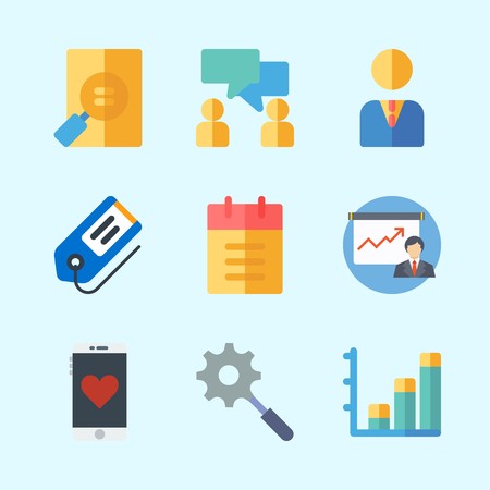 Icons about Business with presentation, manager, search, file, bar chart and smartphoneのイラスト素材