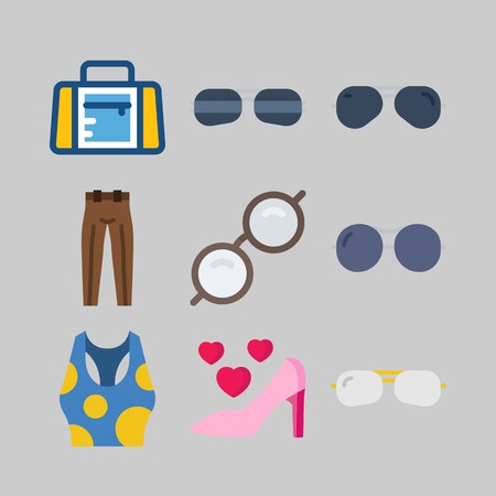 Color icons set: women's clothes, glasses, shoe. Vector illustration on gray background.のイラスト素材