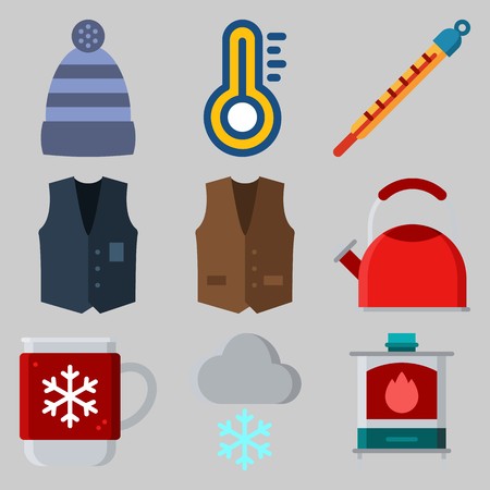 Icons set about Winter with thermometer, hot drink, vest, stove, winter hat and snowingのイラスト素材