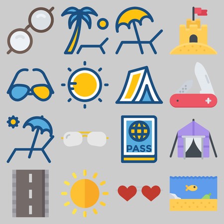Icon set about Beach And Camping with keywords sunglasses, passport, tent, knife, sun and roadのイラスト素材