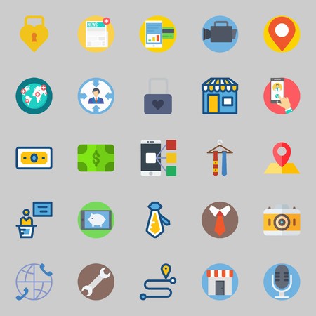 icons set about Digital Marketing. with placeholder, video camera, location, target, tie and photo cameraのイラスト素材
