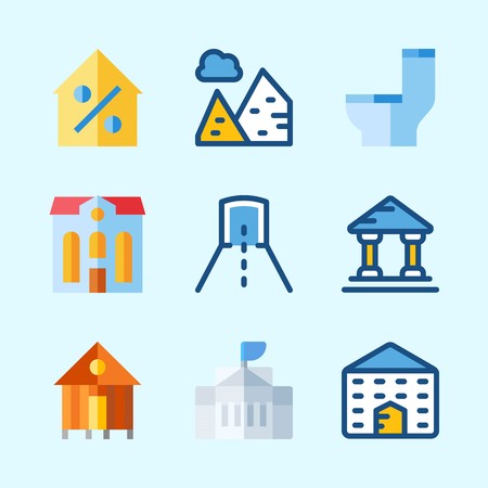 Icons about Construction with rent, white house, real estate, museum, pyramids and tunnelのイラスト素材