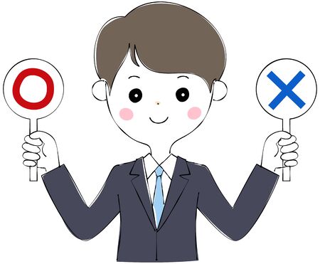 A man in a young suit holding the marks of incorrect and correct answersのイラスト素材