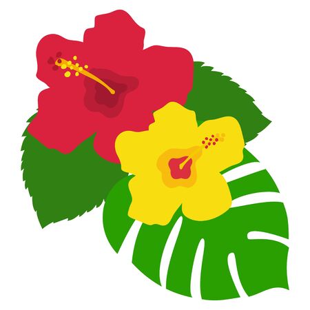 Red and yellow hibiscus and Monsteraのイラスト素材