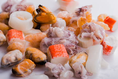 Mixef frozen seafood on white background, closeupの写真素材