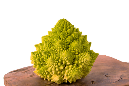 Cauliflower Romanesco on wooden board isolated on white background, clipping path included, closeup.の写真素材