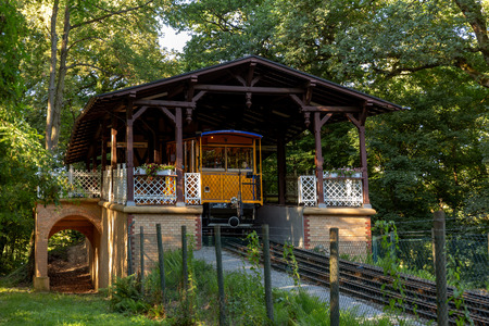 Wiesbaden, Germany, July 1st. 2018 - The Rope Railway Nerobergbahn at the top station on Neroberg Wiesbaden. The second oldest water-powered funicular railway in Europe started in 1888.のeditorial素材