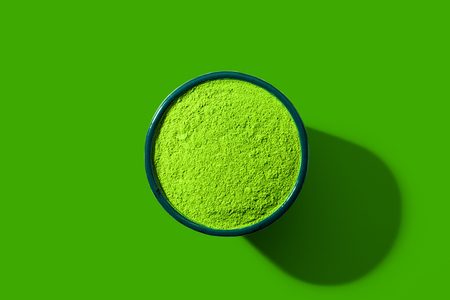 Matcha Green Tea flat lay, view from above, in an exaggerated Pop Art Styleの写真素材