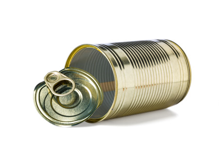 Empty old tin can with lid isolated on white background, clipping-path includedの写真素材