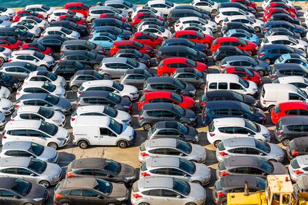 Barcelona, Spain - July 8th 2018 , Cars ready for shipping and export and the harbour of Barcelonaのeditorial素材
