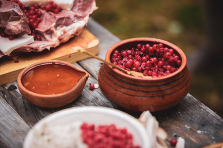 Ceramic bowl with red currant jam and meat on wooden tableの写真素材