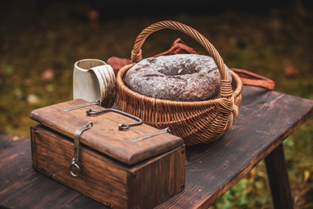 Medieval meal. Historical medieval reconstruction.