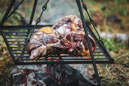 Meat cooked on the coals of a bonfire in the forestの写真素材