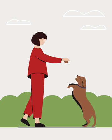 A young girl plays ball with a dog in the Park. Dog training. Illustrationのイラスト素材