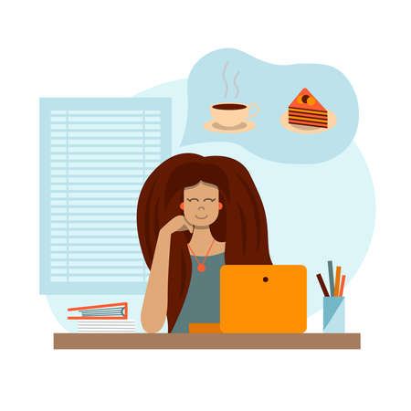 A woman is sitting in an office with a laptop and dreams of coffee and cake. With closed eyes. Illustrationのイラスト素材