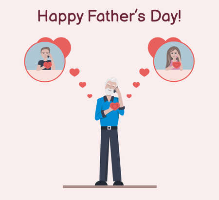 An elderly father is talking on the phone with his daughter and son with love. Happy Father's Day!のイラスト素材